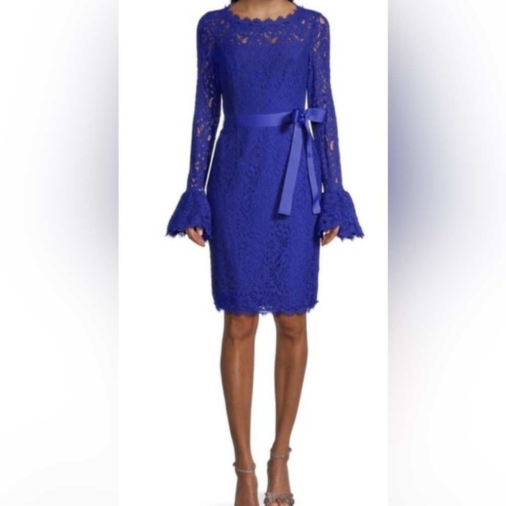 Shani Royal Blue Lace Long-Sleeve Sheath Dress with Bell Sleeves, size 10